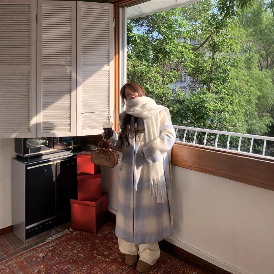 实拍~蓝色大海的传说格子毛呢外套女冬季新款韩系长款大衣女装