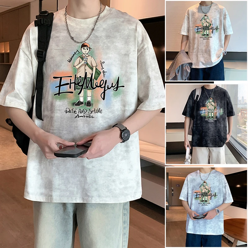 夏季男生宽松休闲纯棉短袖T恤青少年学生潮流帅气时尚体恤上衣男