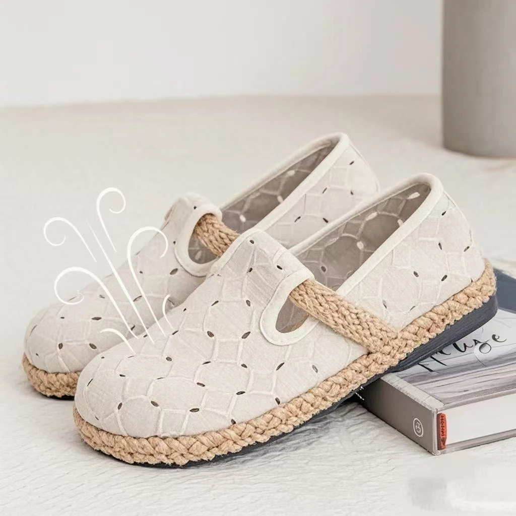 亚麻镂空春夏新款镂空刺绣圆头女鞋 透气缓震养脚布鞋byyk02