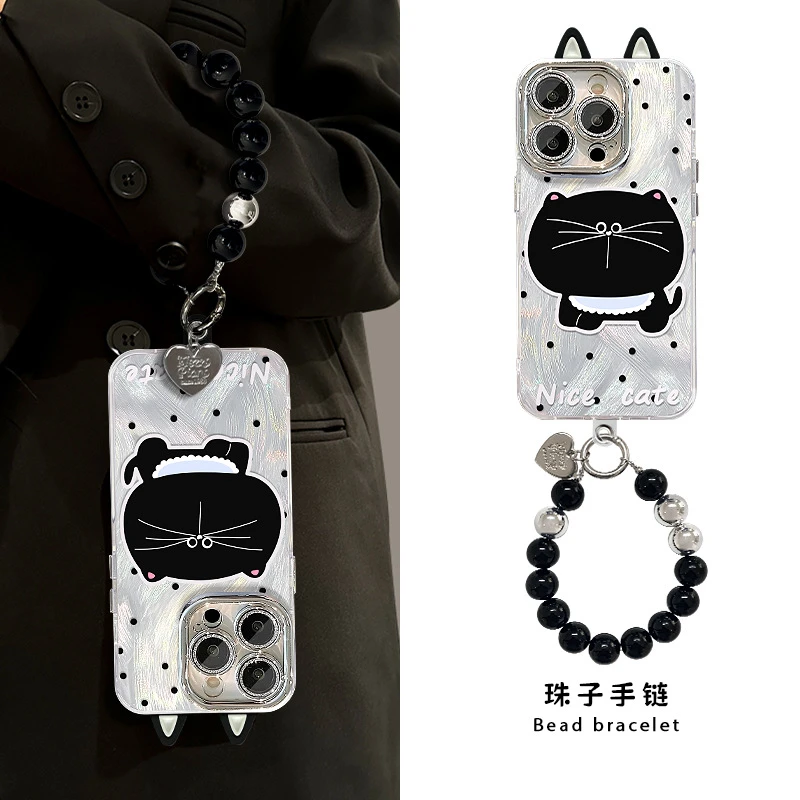波点黑猫手链适用苹果16promax手机壳13可爱防摔15高级感14保护套
