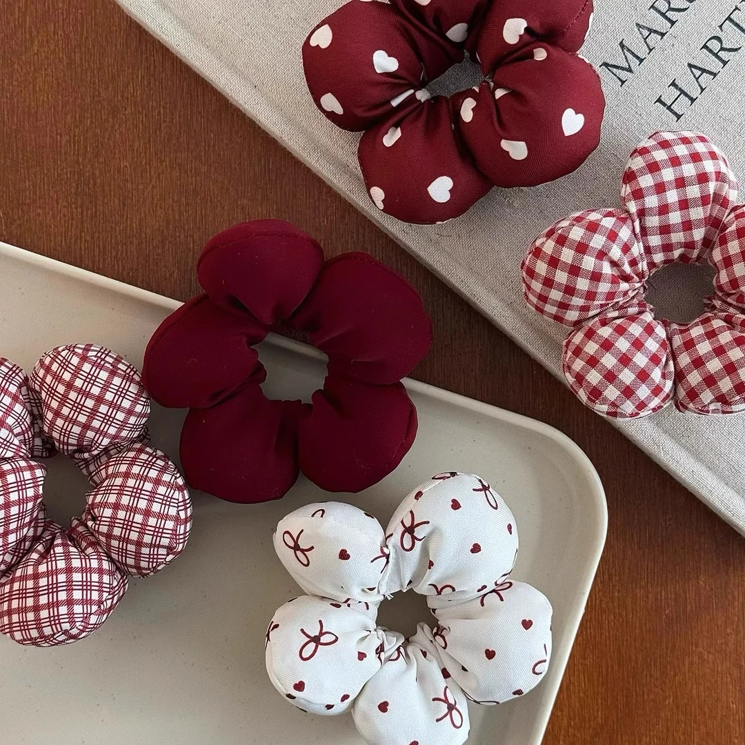 甜美儿童花朵发圈气质酒红女童格纹发绳不伤发可爱小女孩马尾皮筋