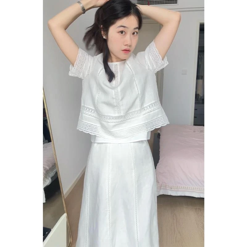 法式亚麻短袖套装女夏季小个子洋气减龄白色蕾丝上衣半身裙两件套