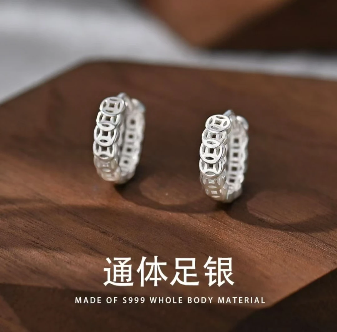 足银耳饰 足银钱多多镂空新潮耳扣