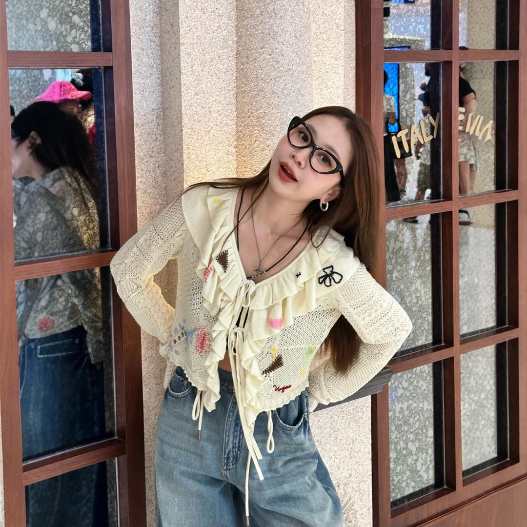 现货【UY荷叶边开衫】2025秋新品手工贴布荷叶边针织毛衫女上衣