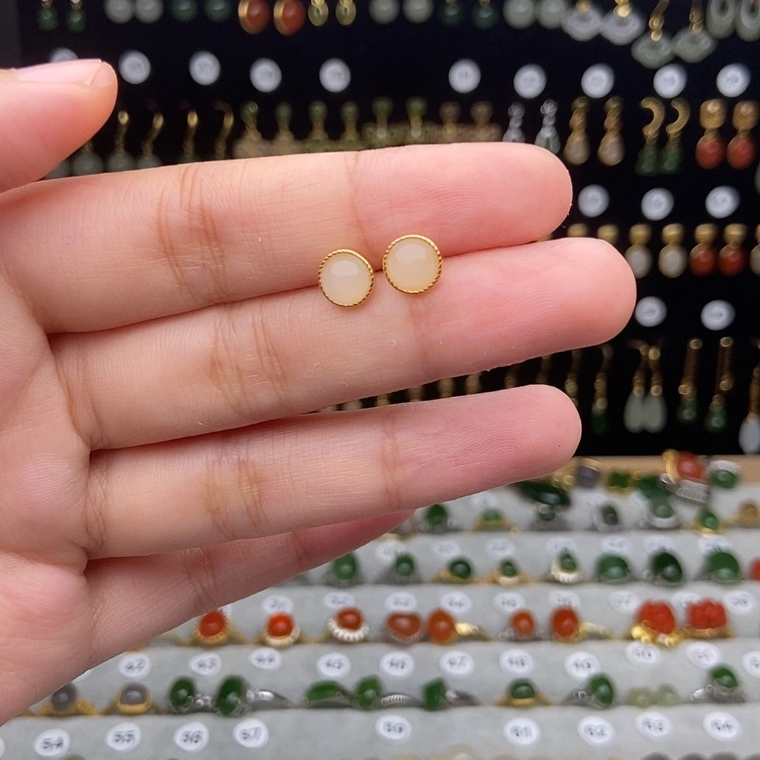 银S925镀金镶嵌和田玉耳饰