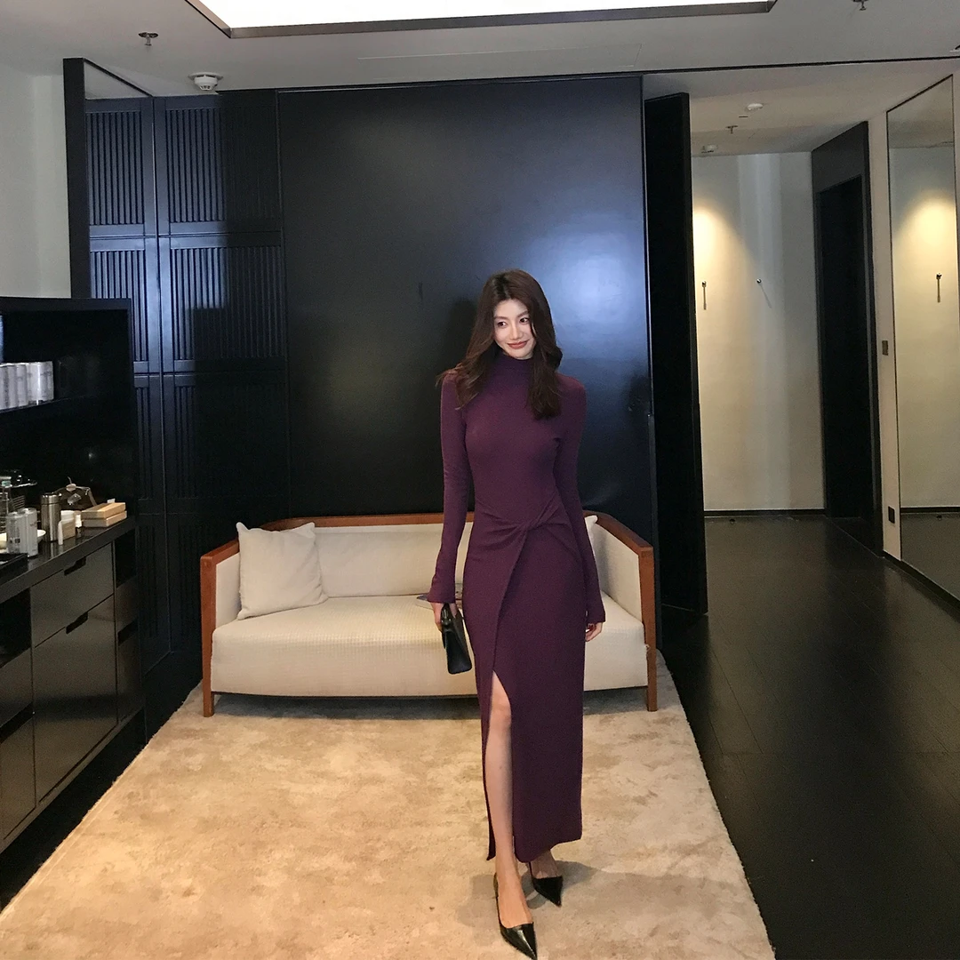 【ALONE SAVOR】龍喜儿气质修身不规则扭结设计开叉连衣裙K146