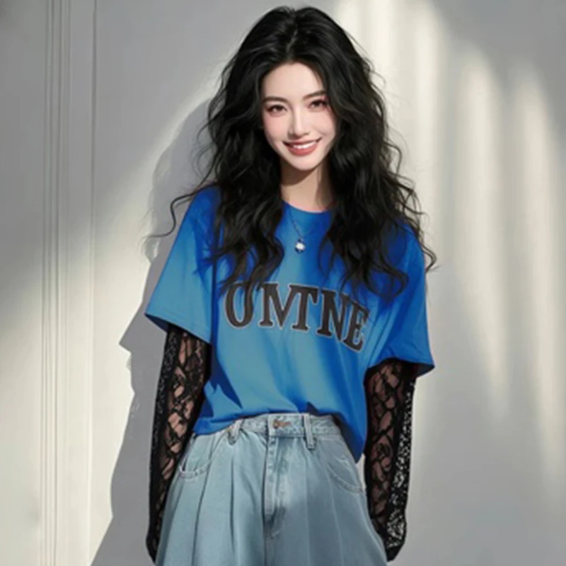 休闲风气质假两件上衣2025春季新款设计感别致蕾丝拼袖长袖t恤女
