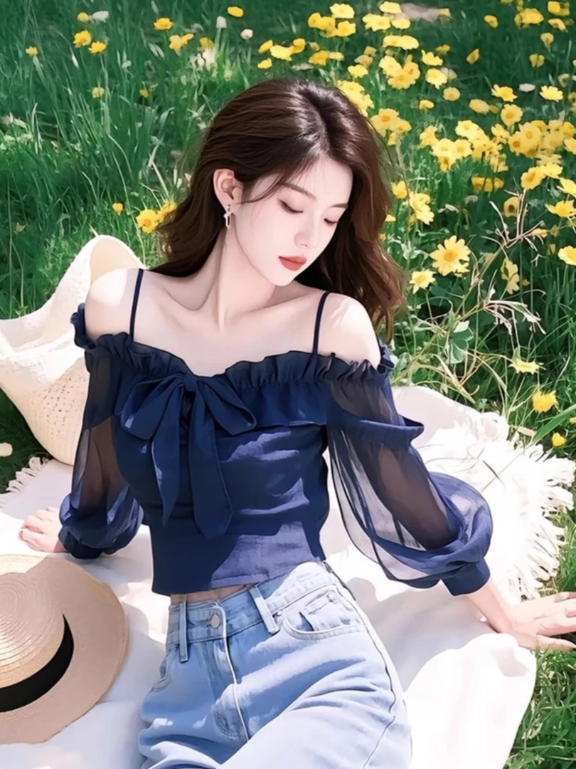 法式绝美气质雪纺衬衫女装2025秋季新款名媛蝴蝶结露肩漂亮短上衣