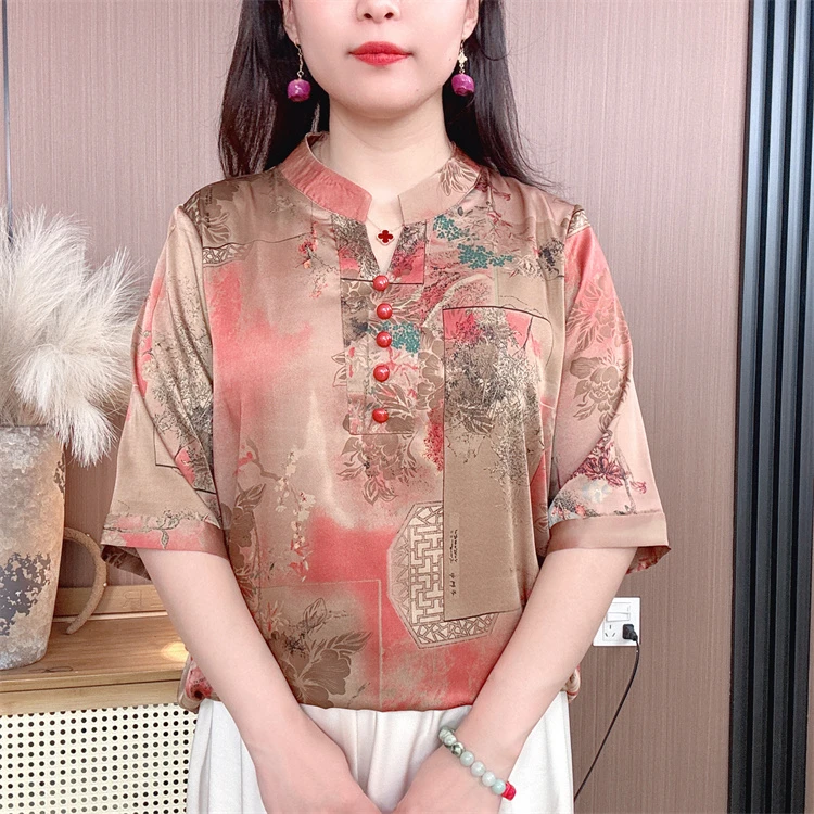 【红豆】夏季新款立领五粒扣短袖高端洋气显瘦休闲百搭气质妈妈装