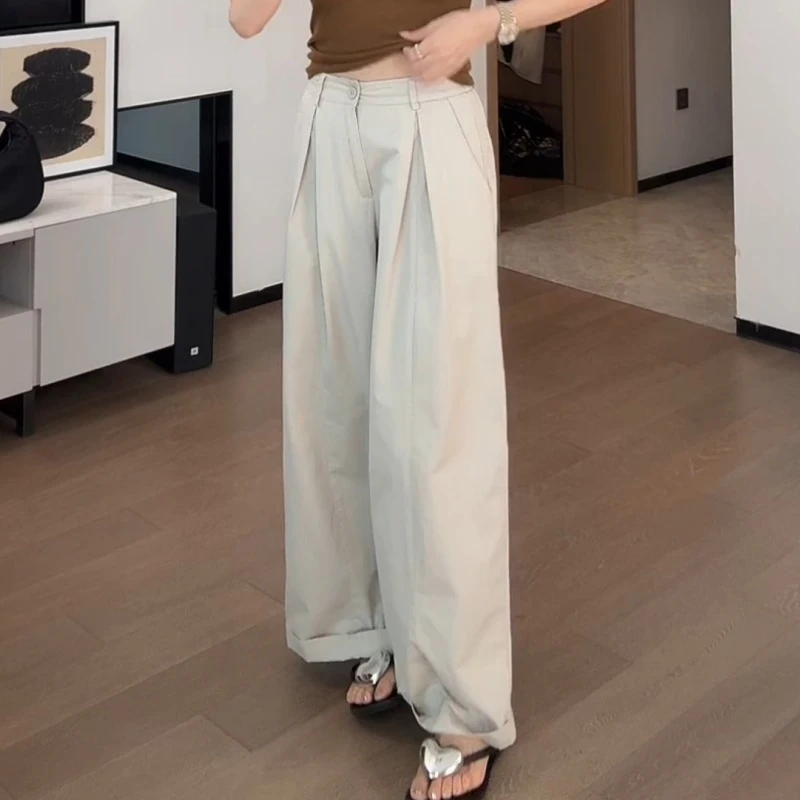 新款夏季韩版直筒宽松阔腿裤收褶慵懒风休闲裤LK2505043