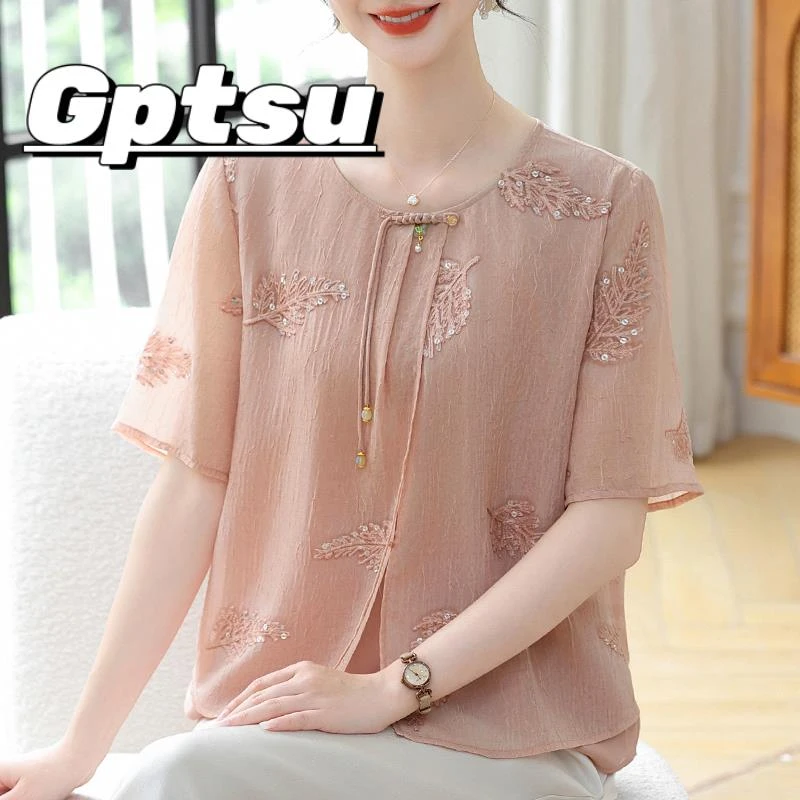GPTSu时尚妈妈夏装短袖t恤2025新款中老年人显瘦遮肚圆领套头上衣