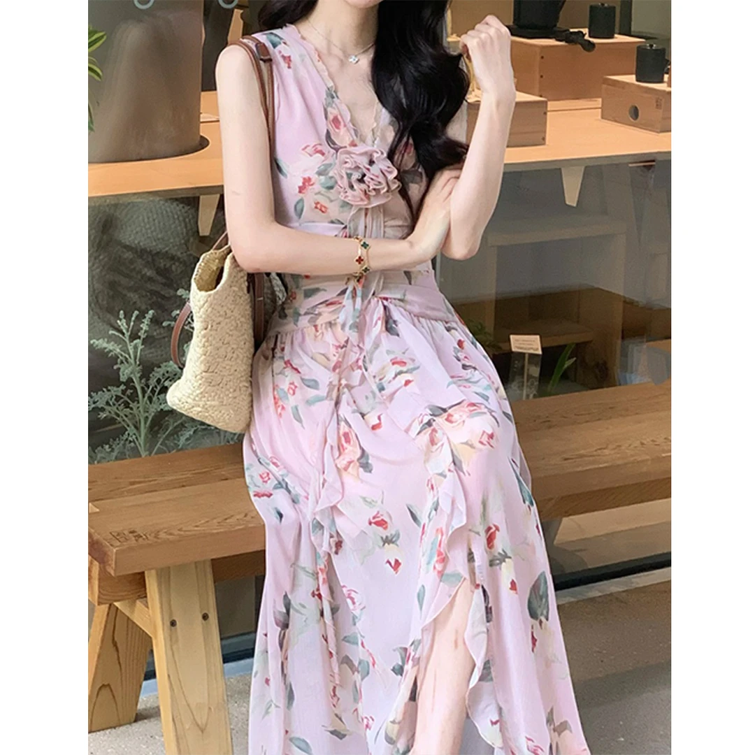 【希腊邂逅】花漾夏日 多彩玫瑰花型立体点缀凉感新款背心连衣裙