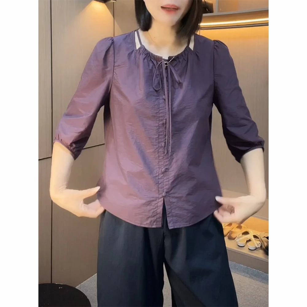 紫色镂空系带圆领七分袖衬衫女2025夏季新款宽松百搭显瘦小衫上衣