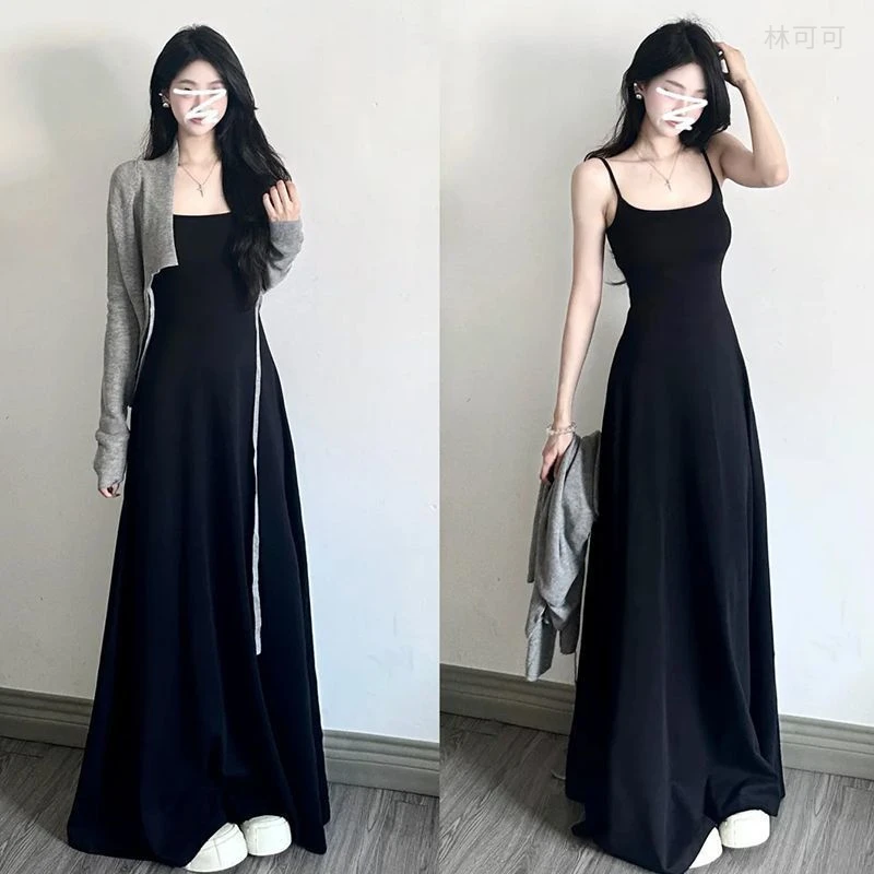 lkk2025夏季法式黑色吊带白色连衣裙子女秋季小个子财阀千金女装