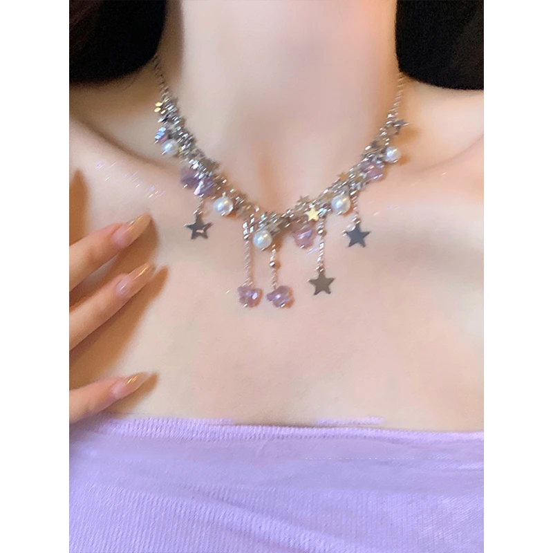 钛钢亚克力项链 紫色蝴蝶星星流苏项链轻奢小众choker锁骨链女