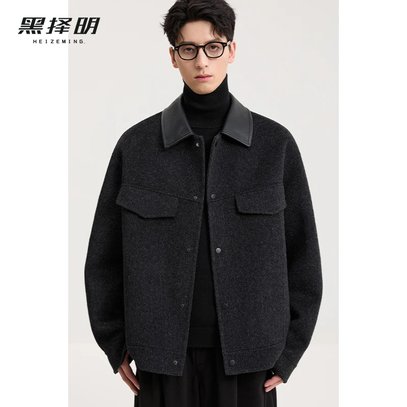 100%绵羊毛黑择明双面毛呢夹克男25新款高端宽松翻领呢子外套8501