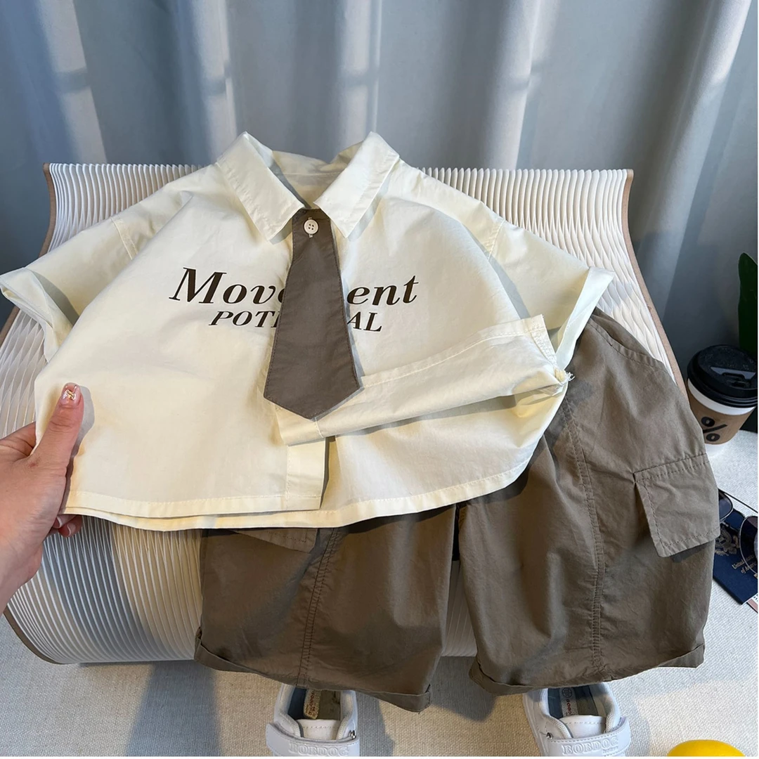 男童夏装套装衬衫新款学院风六一儿童节表演服痞帅夏季短袖 MW