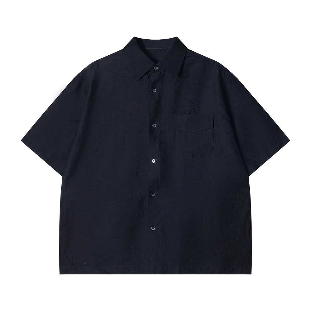 夏季高级感新款韩版纯色口袋翻领纽扣短袖衬衫百搭简约情侣上衣