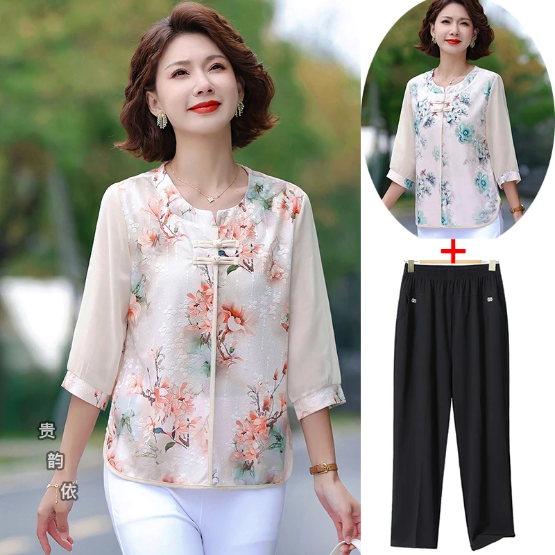 妈妈夏装新中式七分袖薄款T恤中老年洋气遮肉显瘦上衣老年人套装