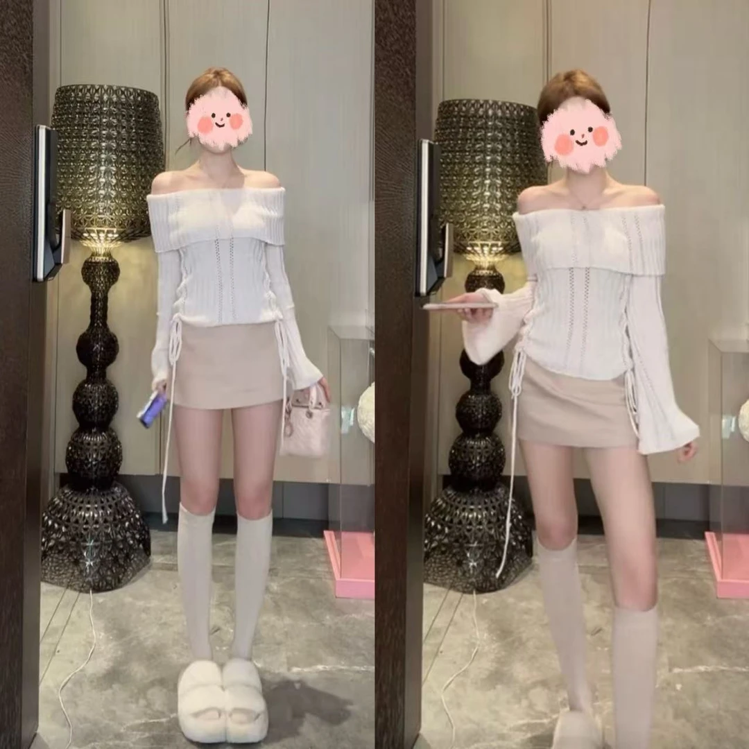 2025秋冬女装千金风变美穿搭一字肩针织毛衣高腰显瘦半身裙俩件套