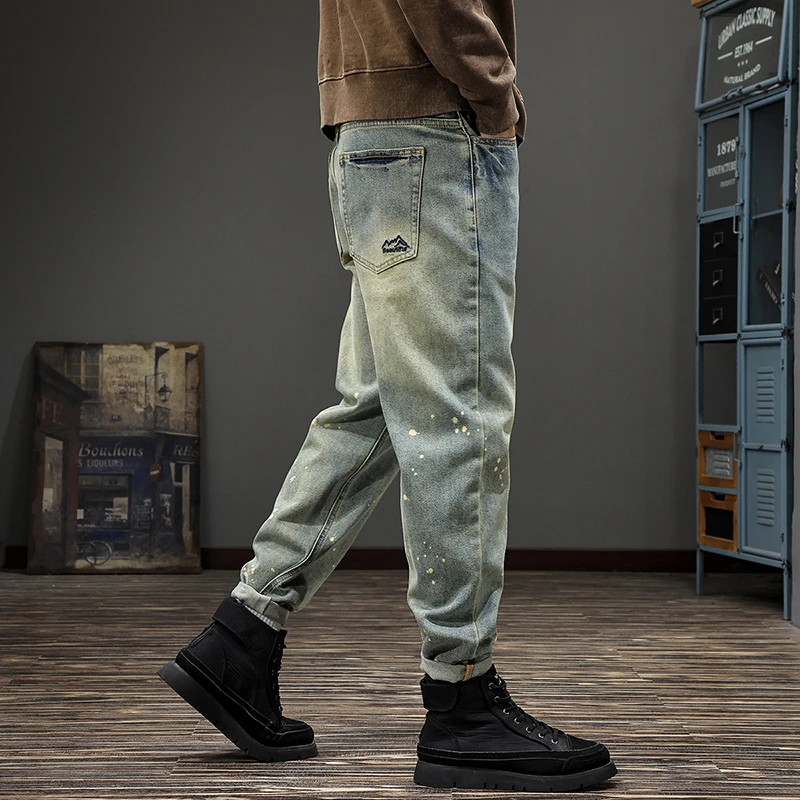 TERINELO/黛芮奈勒复古长裤水洗泼墨宽松牛仔裤男士秋流浪丹宁风