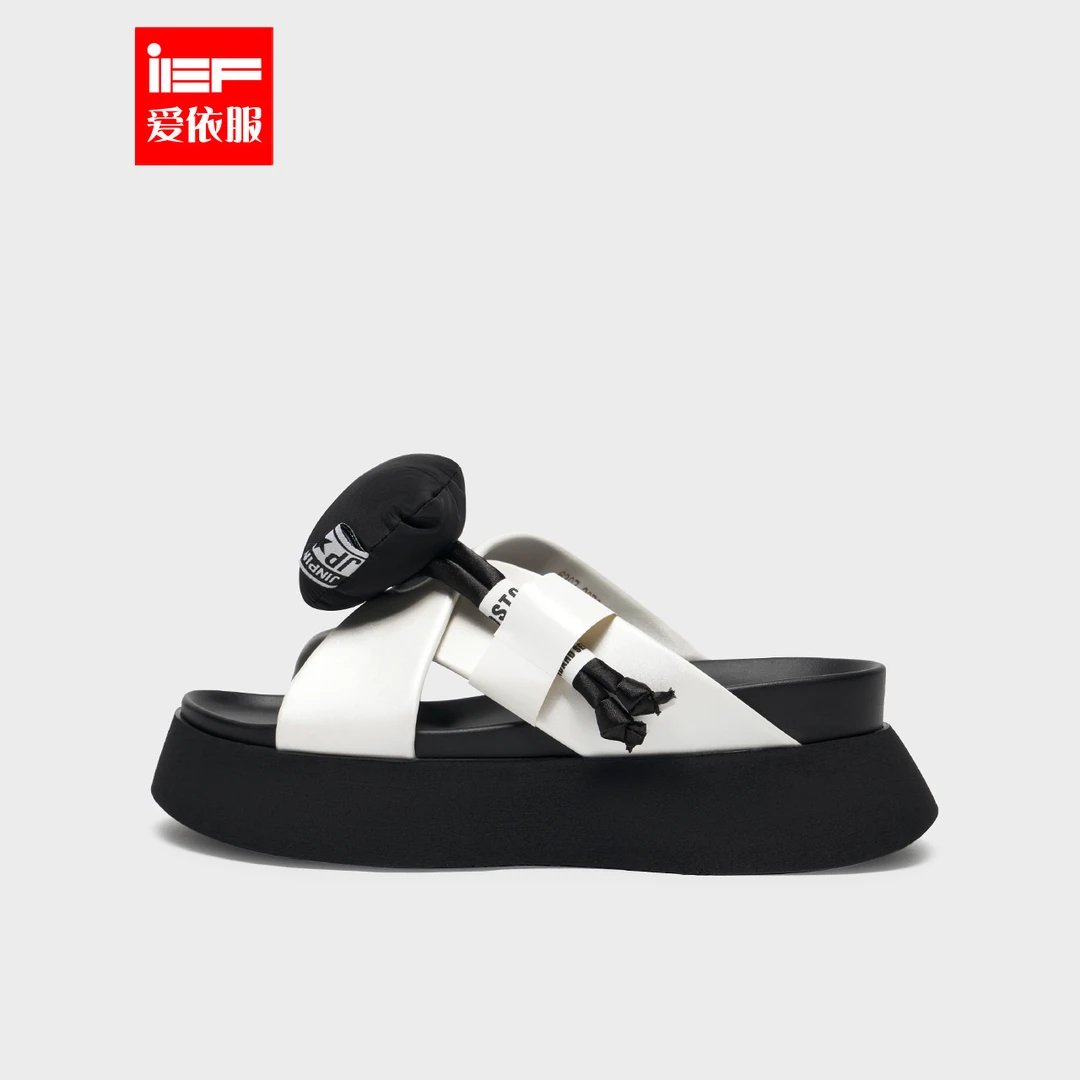 IEF/爱依服交叉爱心露趾一字拖鞋2025夏季新款方头厚底沙滩凉鞋