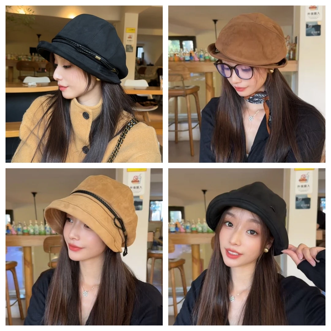 【牛绒皮】新款贝雷帽女秋冬日系显脸小堆堆帽大头围报童画家帽子