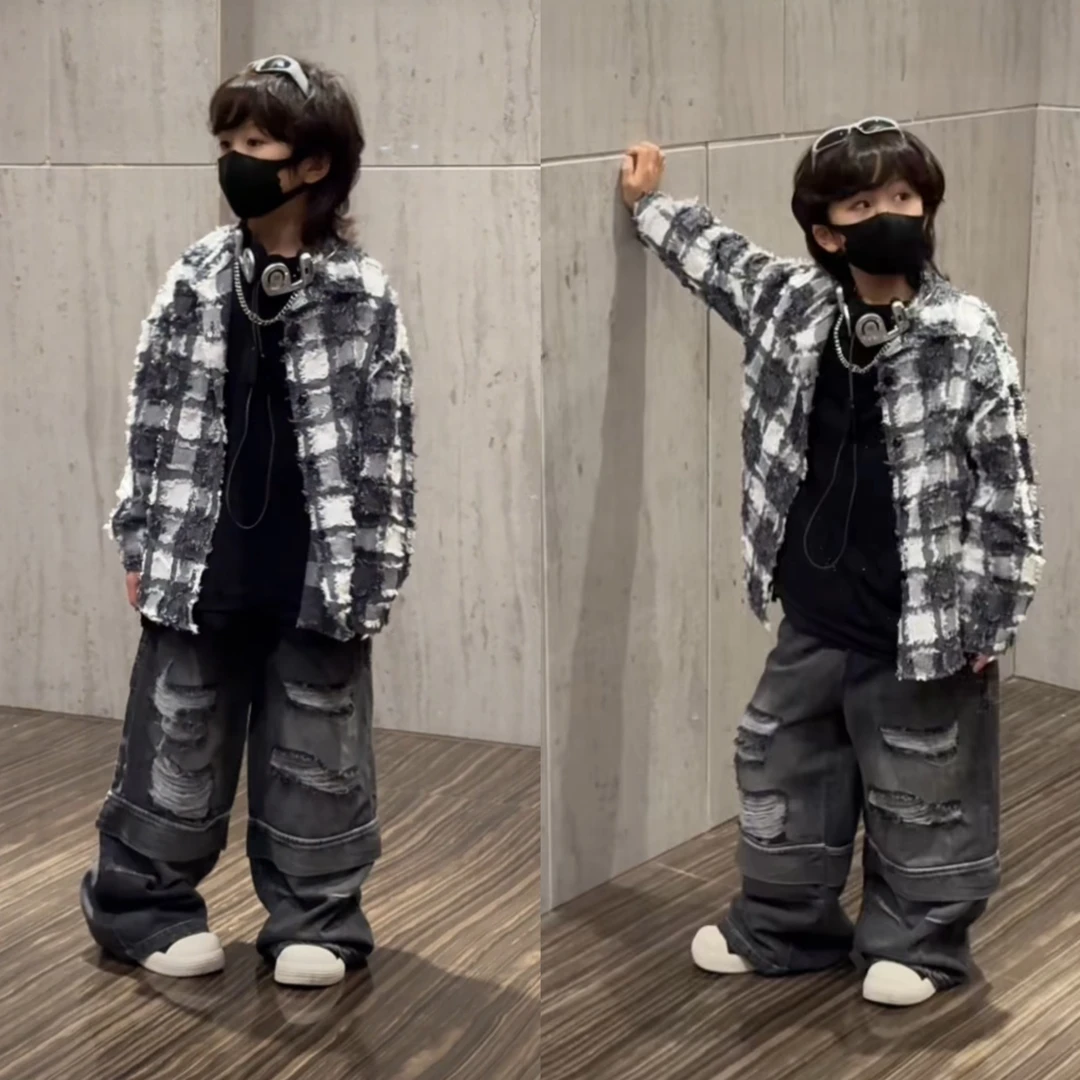 三乐乐家儿童格纹衬衫方领百搭纯色宽松长袖春秋格子上衣设计师