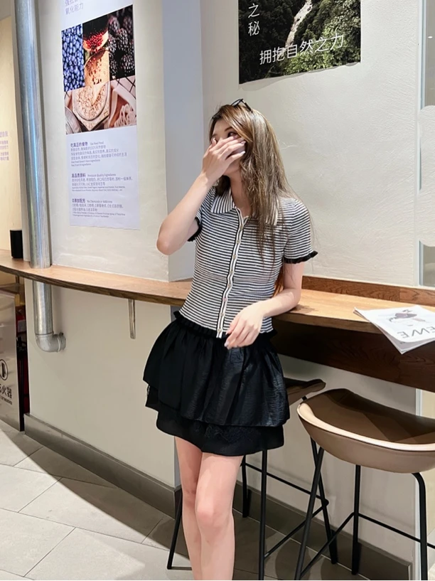 【BAI】条纹翻领短袖针织衫显瘦上衣女25701