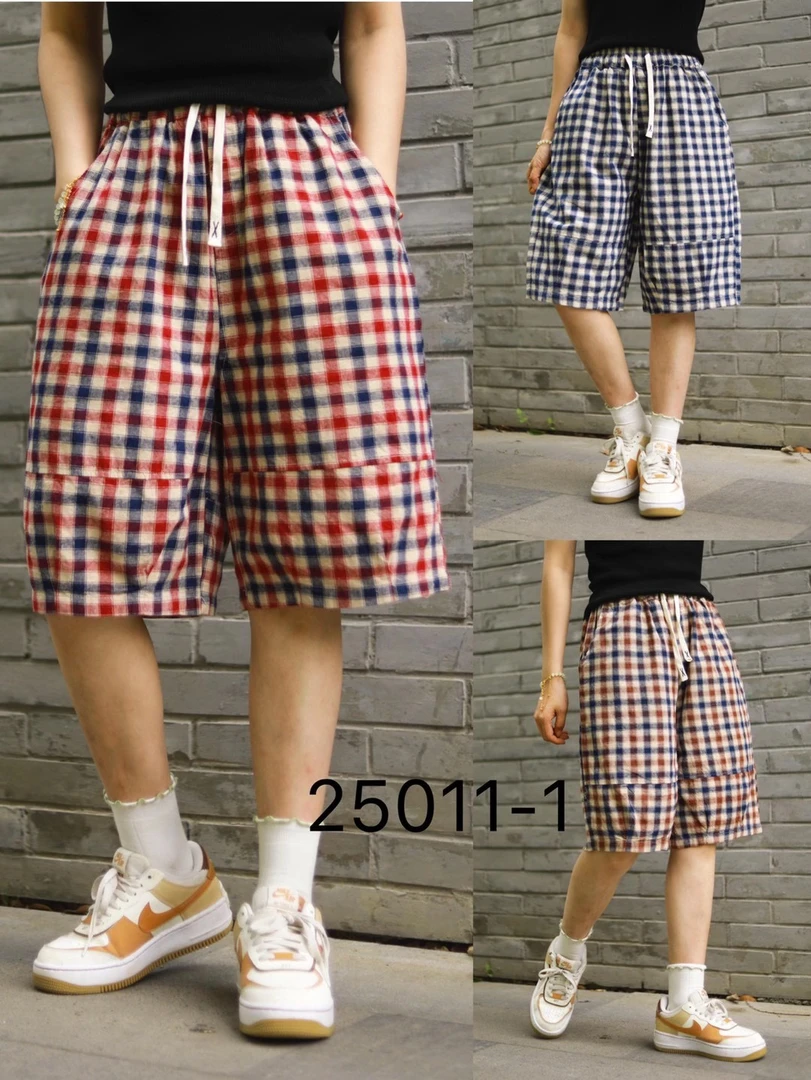 （浅笑）25011-1格子阔腿短裤女宽松休闲时尚复古百搭显瘦薄款热裤