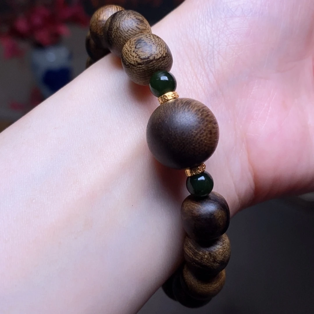 沉香手串越南芽庄白棋楠瘤疤1.0+芽庄绿棋瘤疤单珠配饰