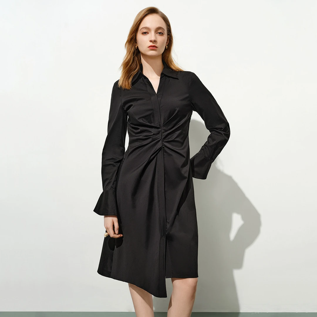 【诗语专属】造型感捏褶收腰连衣裙秋气质显瘦精致喇叭袖衬衫裙