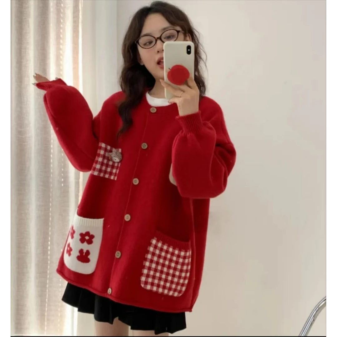 【大码】319大码甜美减龄重工撞色格子加厚开衫毛衣外套冬设计感