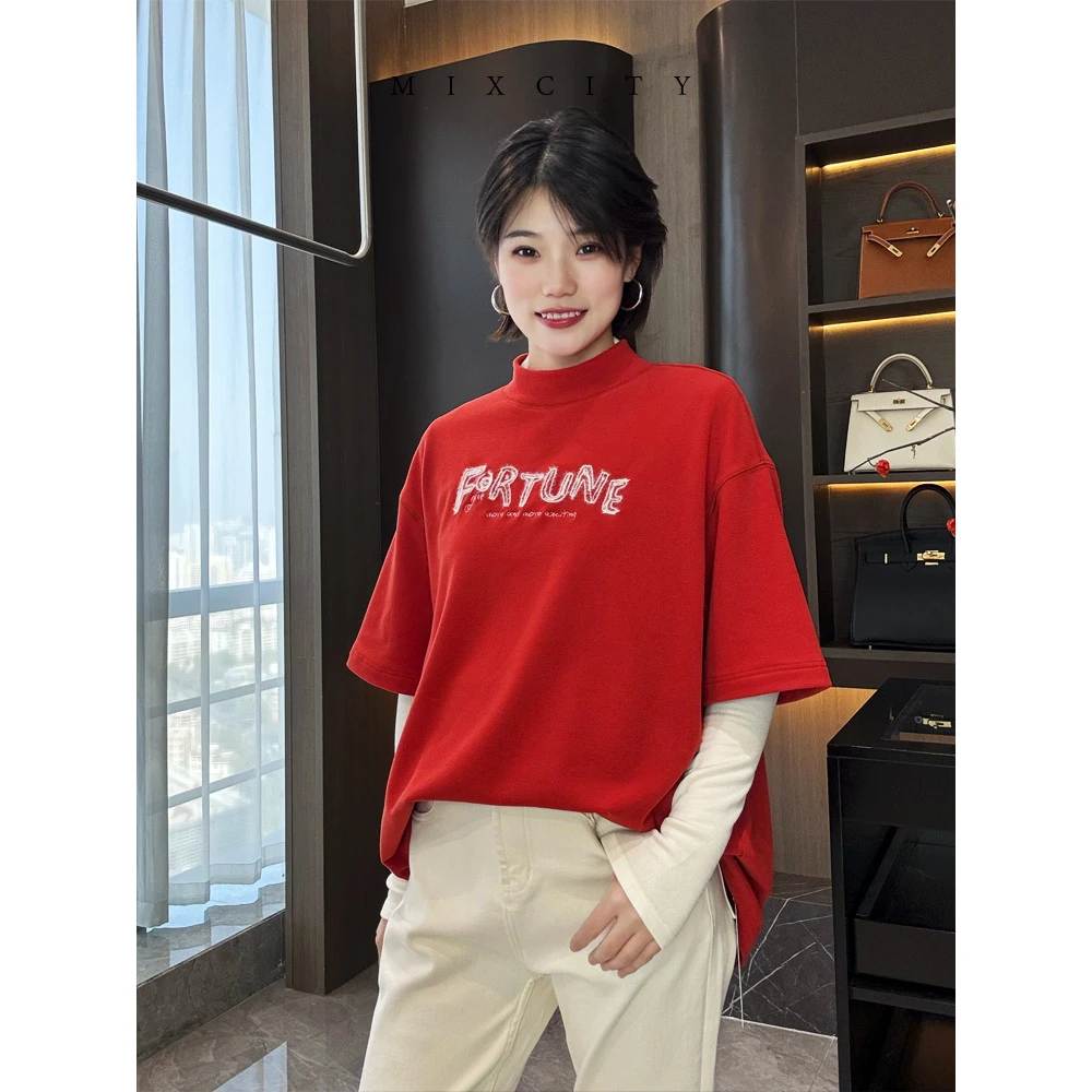 【MIXCITY亚楠家】爱丁堡◆贺岁款发热纤维字母亮丝刺绣羊毛T恤6637