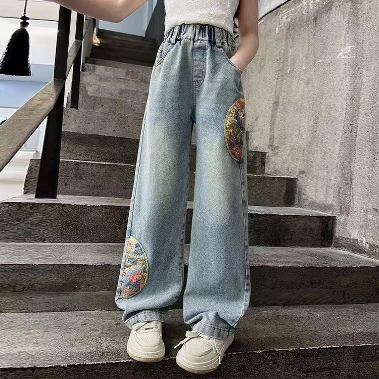 女童牛仔裤2025新中式国风中大童宽松绣花阔腿裤高腰潮流洋气百搭