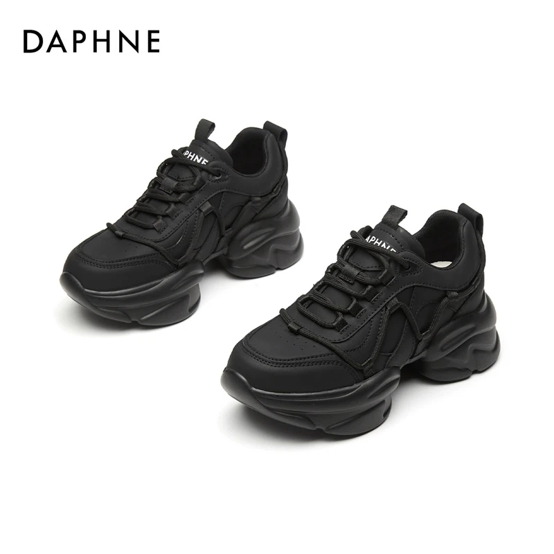 达芙妮黑色百搭松糕底老爹鞋2025秋冬圆头系带厚底厚底时尚休闲鞋