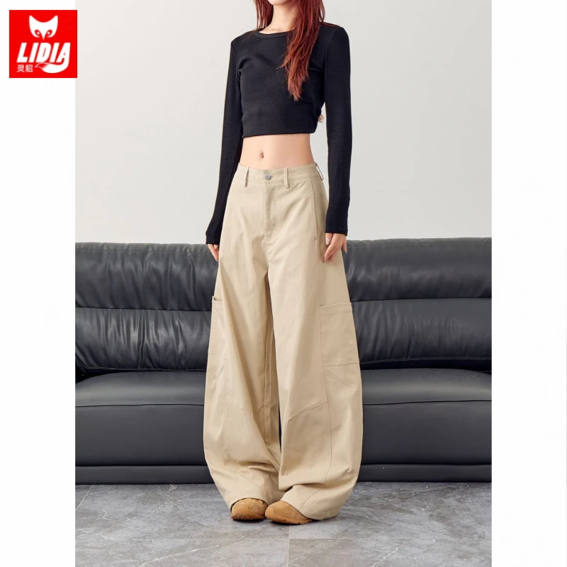 卡其色美式铆钉弯刀阔腿裤女2025新款春秋高腰宽松显瘦休闲裤子