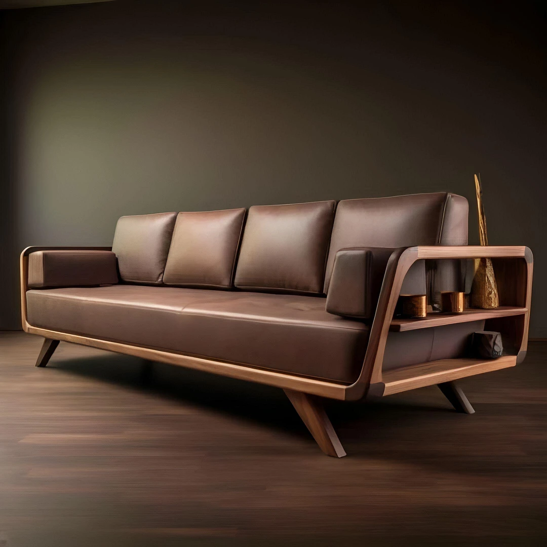 新中式直排实木沙发客厅2025新款现代简约小户型皮艺北美黑胡桃木