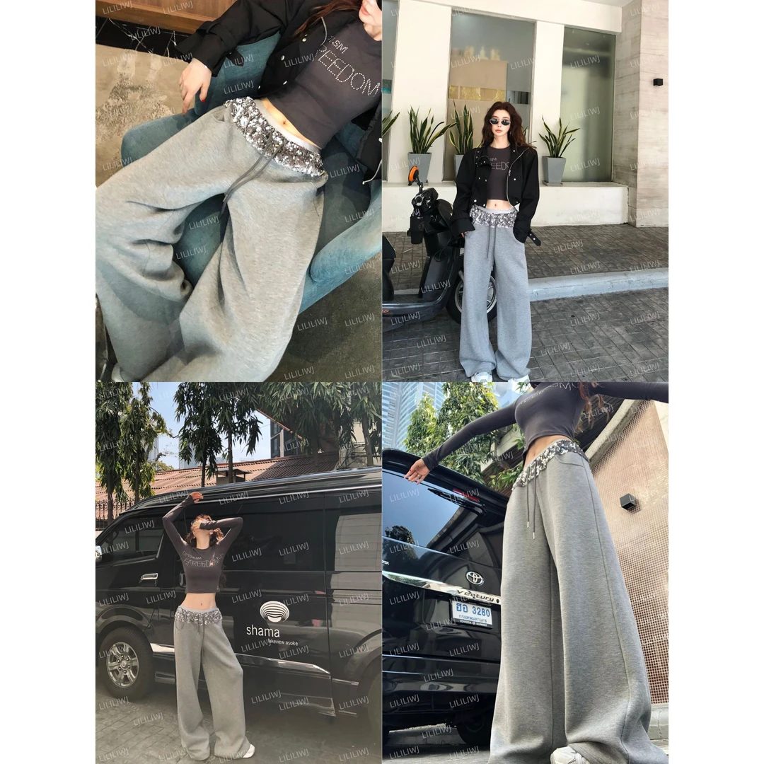 婉君Y【年度战裤】早春亮闪腰头抽绳松紧腰阔腿休闲裤LWJ25A1K065