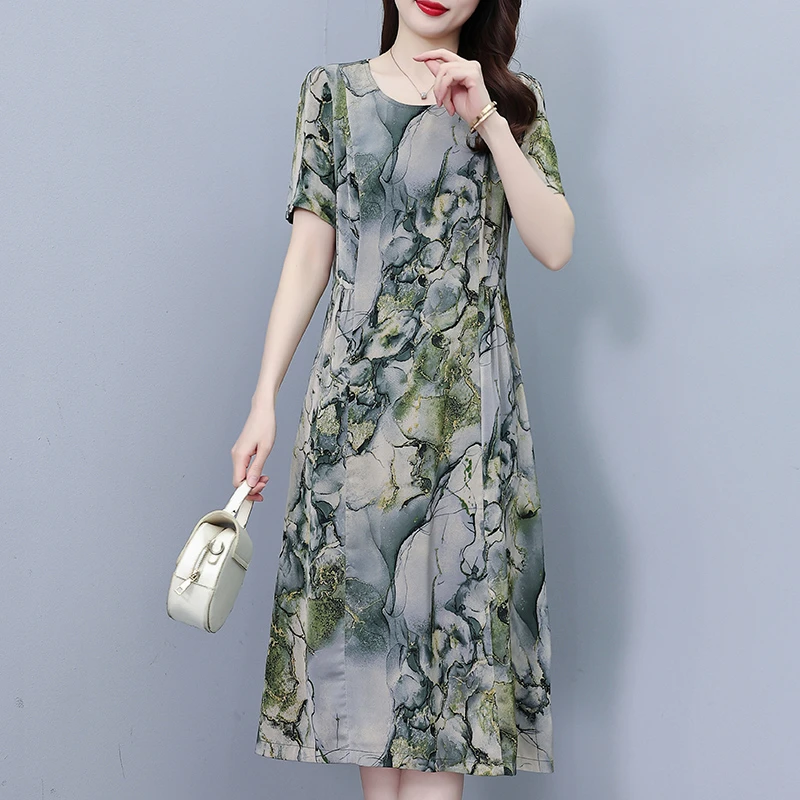 高档时尚气质连衣裙女夏季新款高端显瘦大码女装宽松妈妈印花裙子