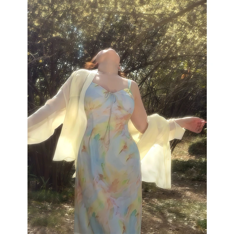 DMcc【夏日来信】法式莫奈花园收腰碎花吊带裙晕染油画显瘦连衣裙