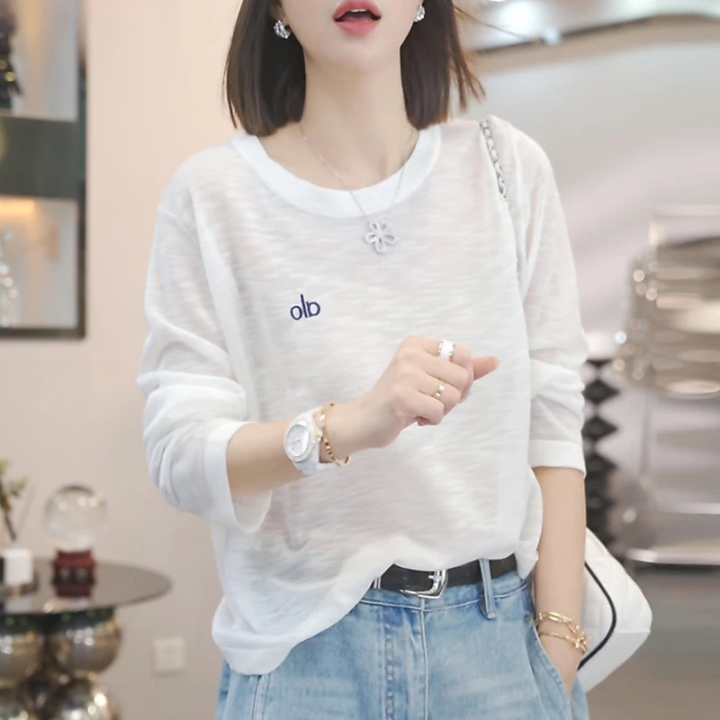 韩版慵懒感百搭白色长袖t恤女2025夏新款薄款上衣透气防晒罩衫