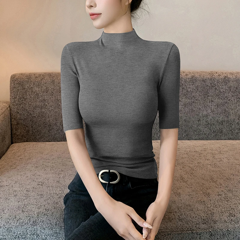 暗灰色针织螺纹打底衫女2025新款T恤春夏修身显瘦中袖半高领上衣