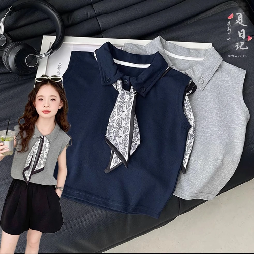 女童丝巾POLO衫短裤套装夏季2025新款休闲T恤百搭雪纺裤两件套夏