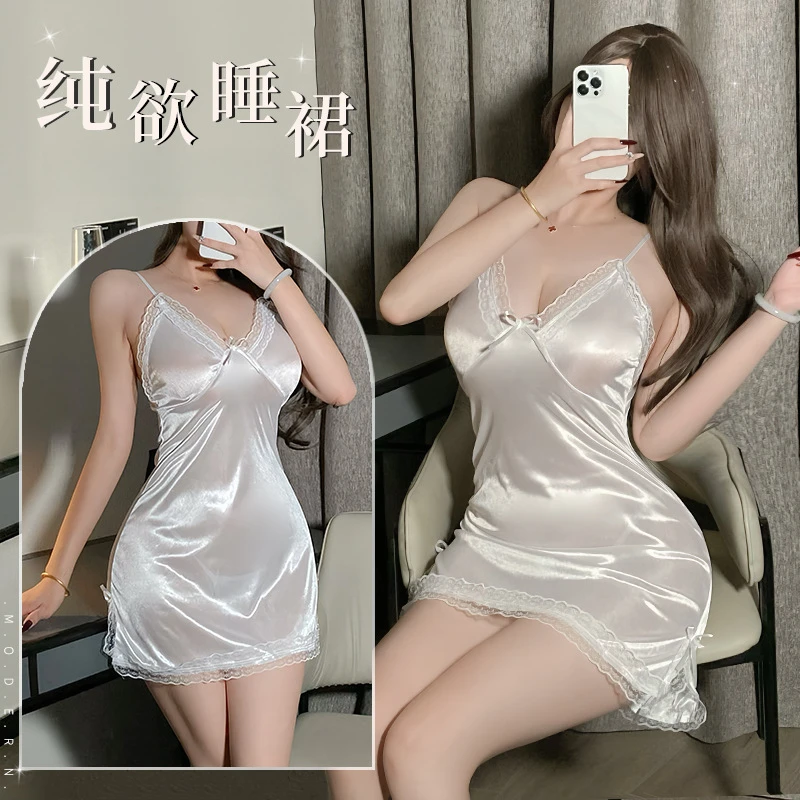 夏季宽松性感内衣纯欲风吊带睡裙女薄款蕾丝心机开叉睡衣套装8550