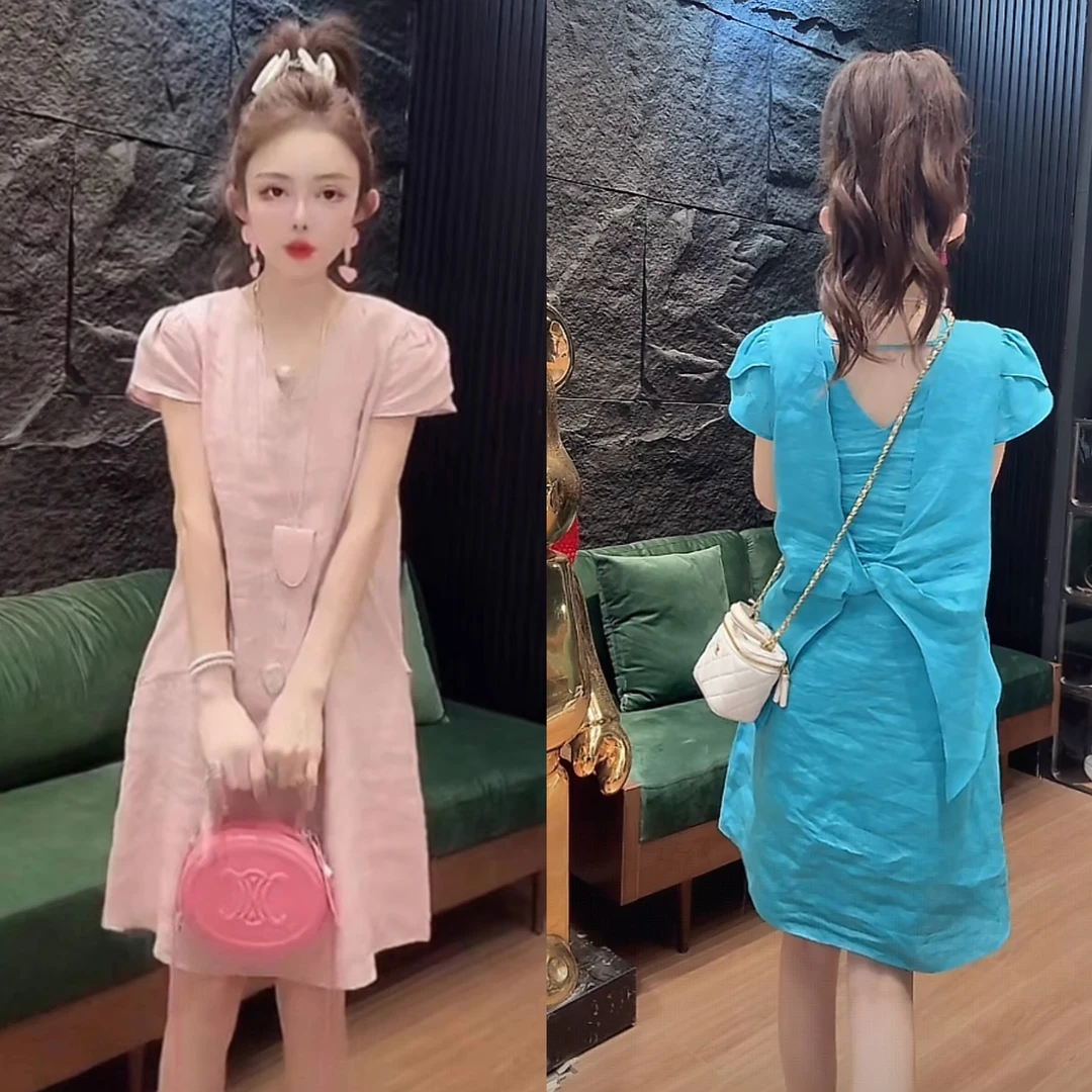 巨好看洋气亚麻V领短袖连衣裙女夏小个子时尚后背蝴蝶结A字中长裙
