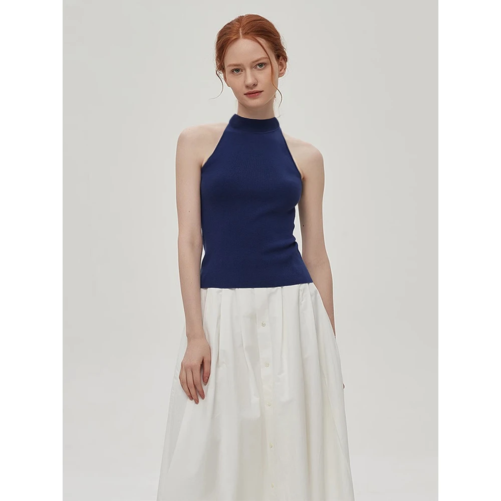 法式气质百搭削肩针织背心女夏百搭露肩纯色挂脖无袖显瘦修身上衣