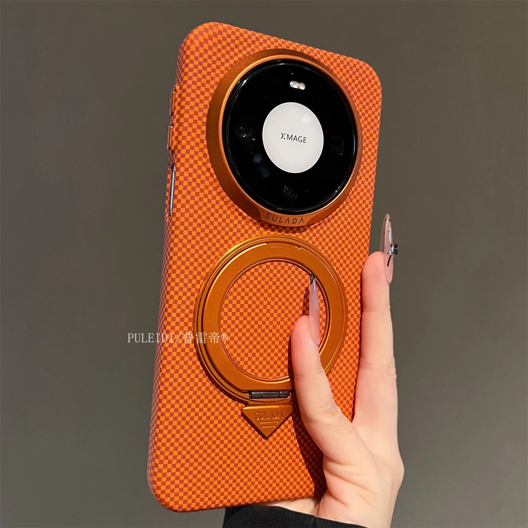爱马仕橙碳纤维纹适用华为Mate80ProMax手机壳磁吸旋转支架mate80