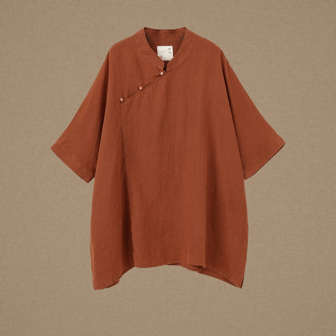 【以之】设计师品牌原创复古禅意斜襟国风亚麻上衣套头大版小衫女