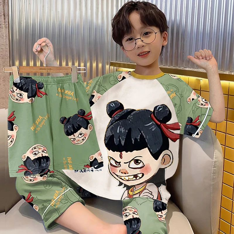 儿童睡衣小男孩纯棉薄款夏季男童中大童三件套家居服哪吒2025新款